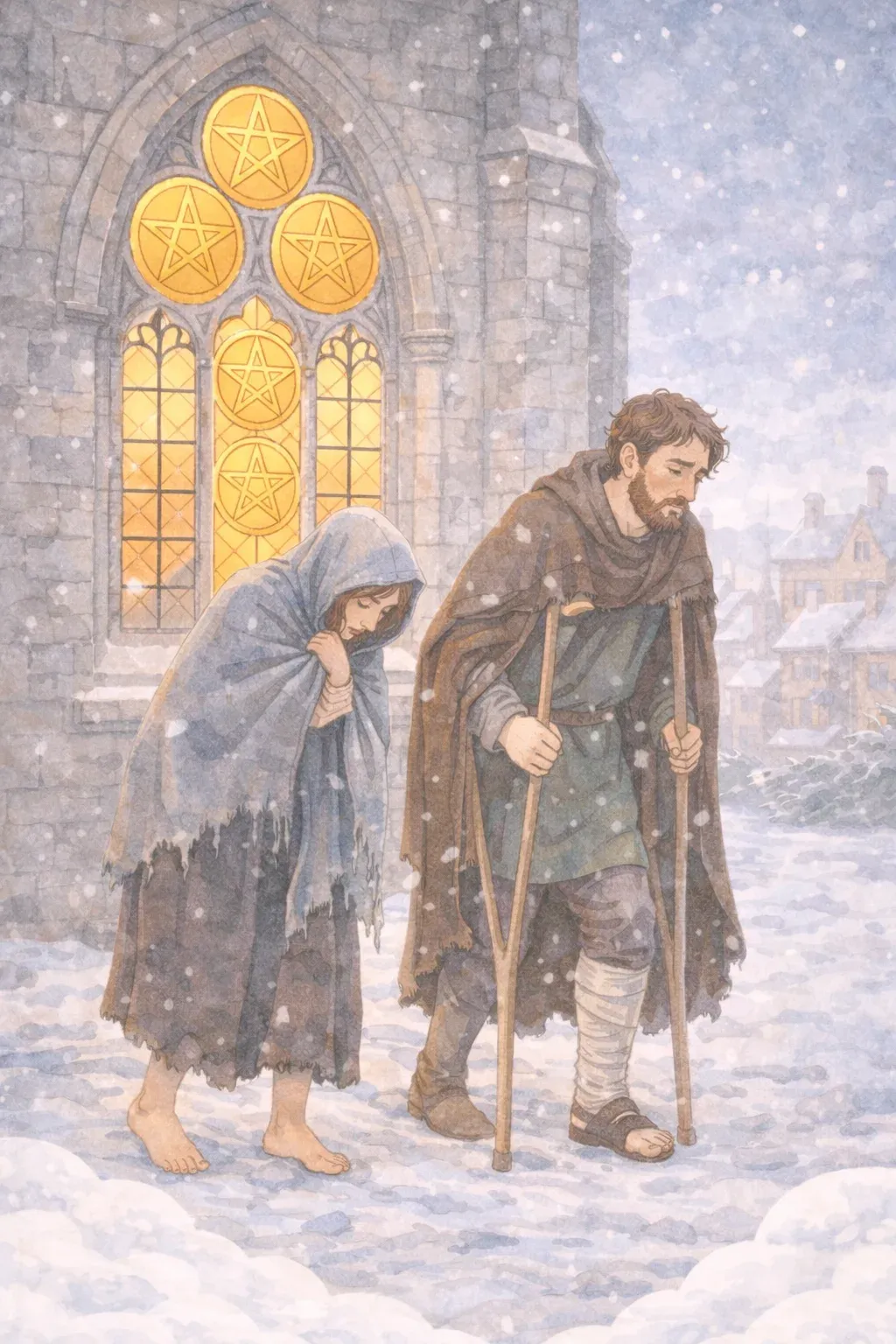 Five of Pentacles tarot card artwork