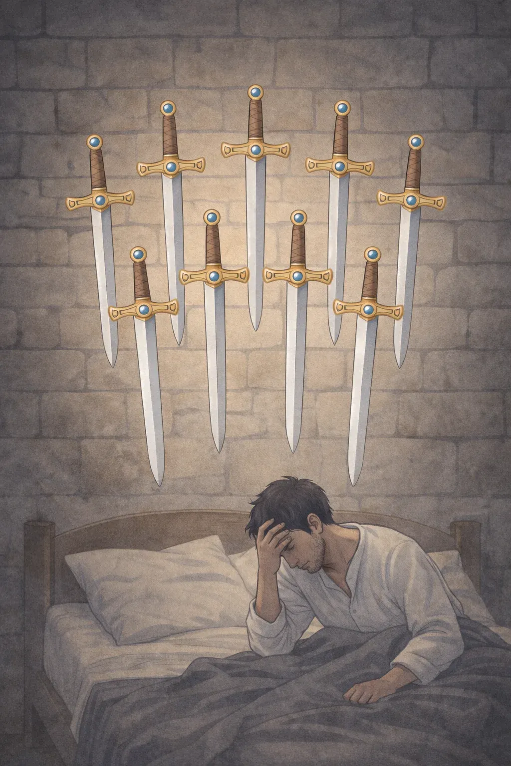 Nine of Swords tarot card artwork