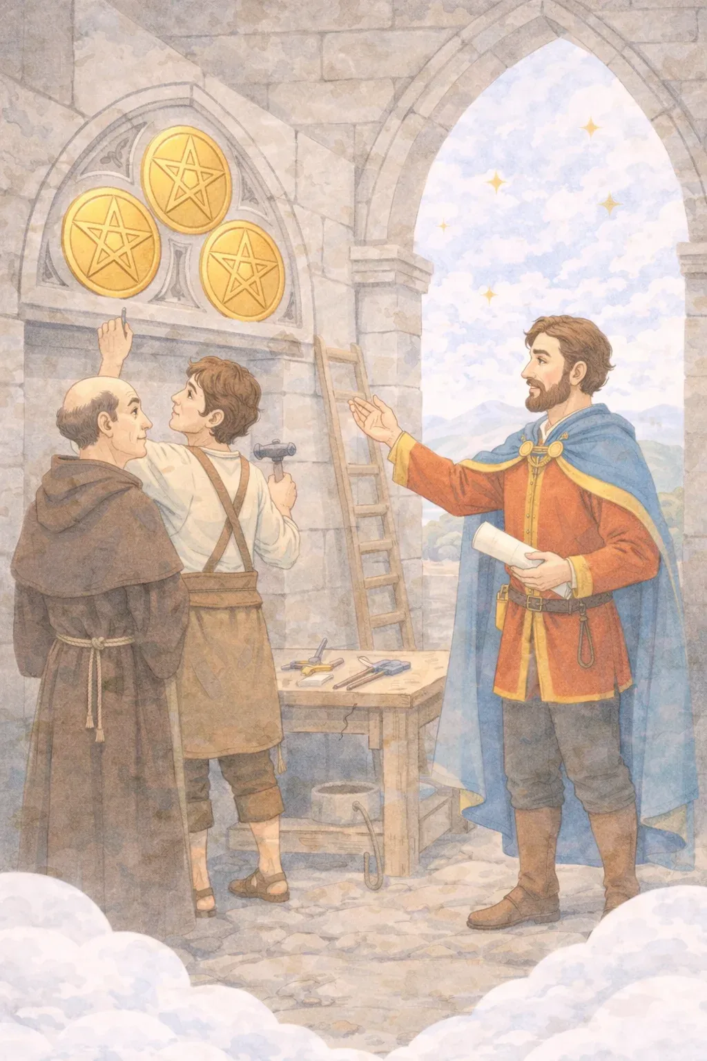 Three of Pentacles tarot card artwork